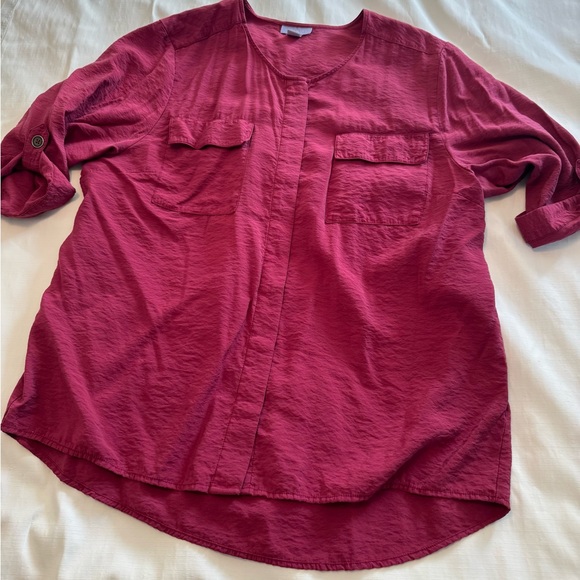 Laura Scott Burgundy Blouse Concealed Placket with Roll up button sleeves 1X - Picture 3 of 12